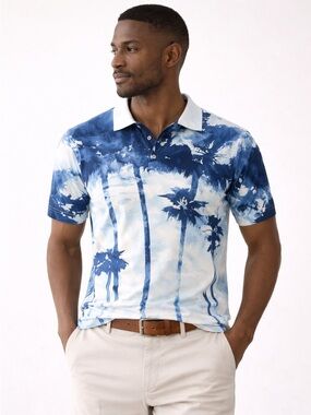 Bugatchi Air Blue Palm Print Mercerized Cotton Polo Luxury Surf Core Size M